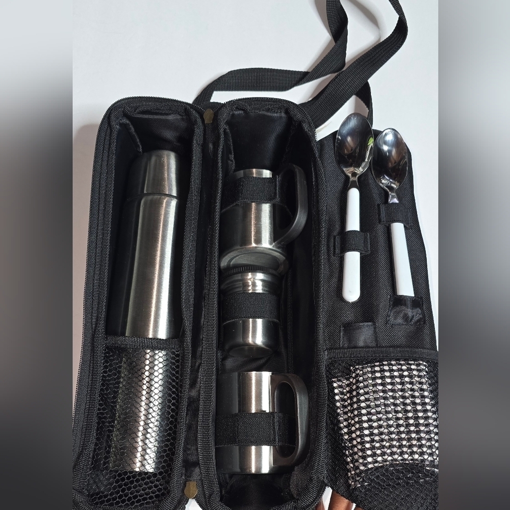 NEW Picnic At Ascot Black Canvas Tote With Stainless Coffee Thermos, 2 Cups